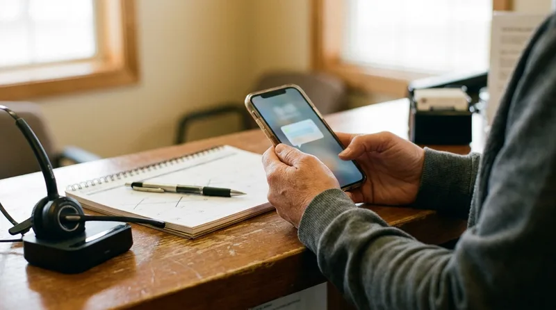 Dental office coordinator holding a phone with a message notification beside a notepad and headset at the front desk