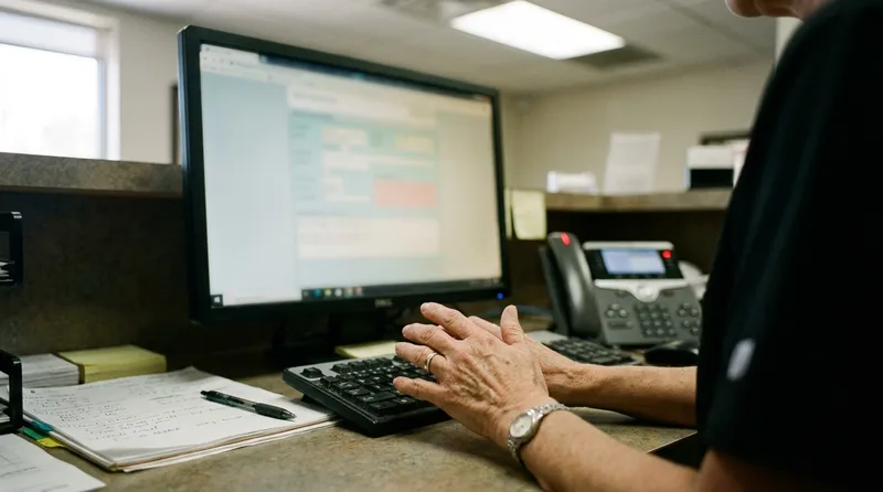 Front desk hands pausing over a keyboard as the office phone lights up with an incoming call during data entry