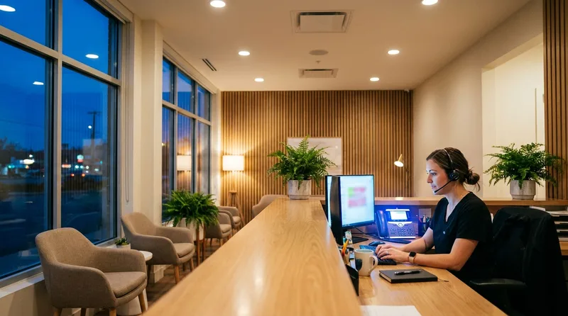 Dental office reception in the evening with a team member ready to answer after-hours emergency calls