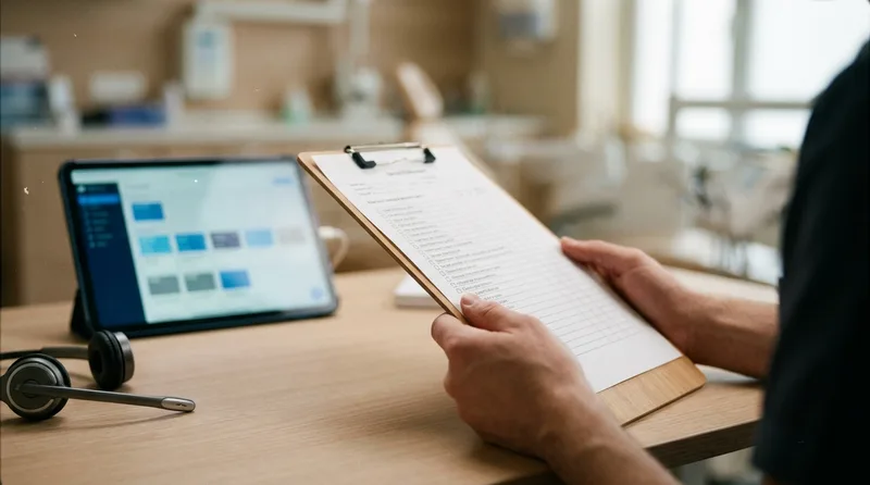 Dental office manager holding a verification checklist beside a tablet and headset at a front desk