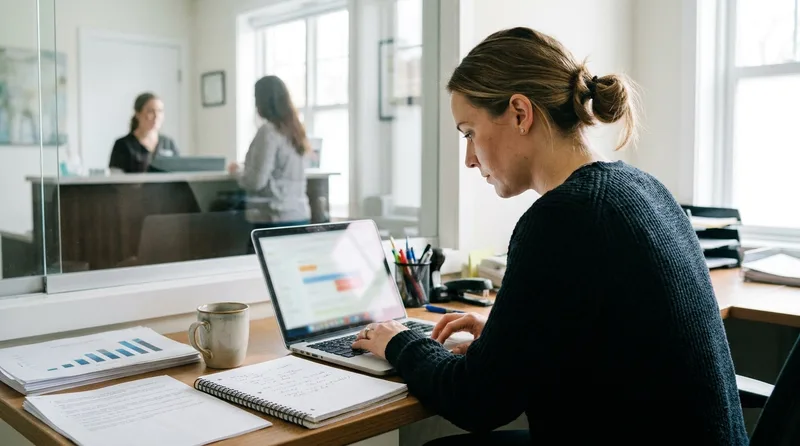 Dental office manager reviewing a week of call logs on a laptop to find missed-call gaps