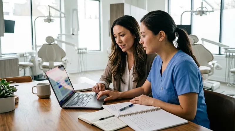 Office manager and hygienist comparing hygiene scheduling software options on a laptop