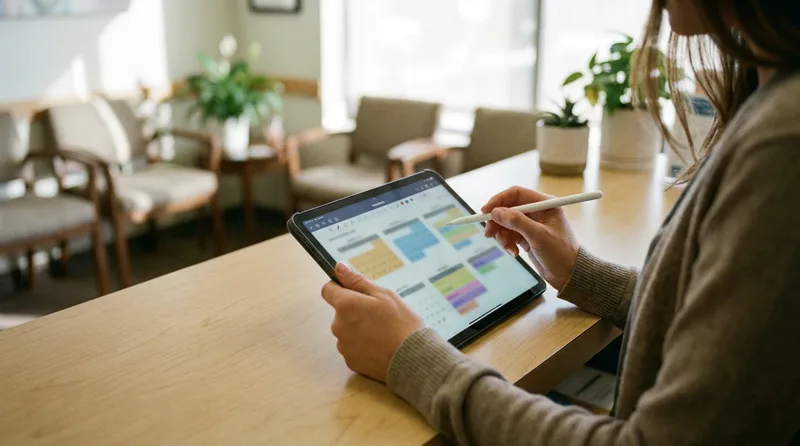 Office manager updating a provider availability calendar on a tablet at the front desk