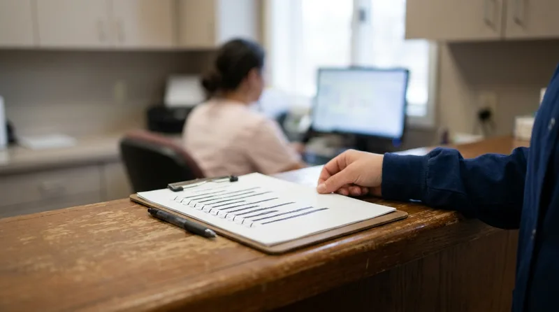 Clipboard with a checklist on a dental reception counter while a new front desk employee works at a desk behind