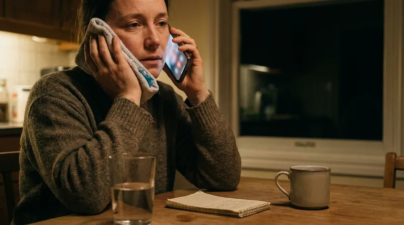 Patient calling a dental office emergency line in the evening while holding a cold compress