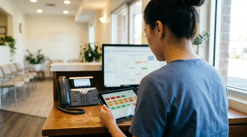 Front desk team member reviewing a call list on a tablet at the dental reception desk after lunch