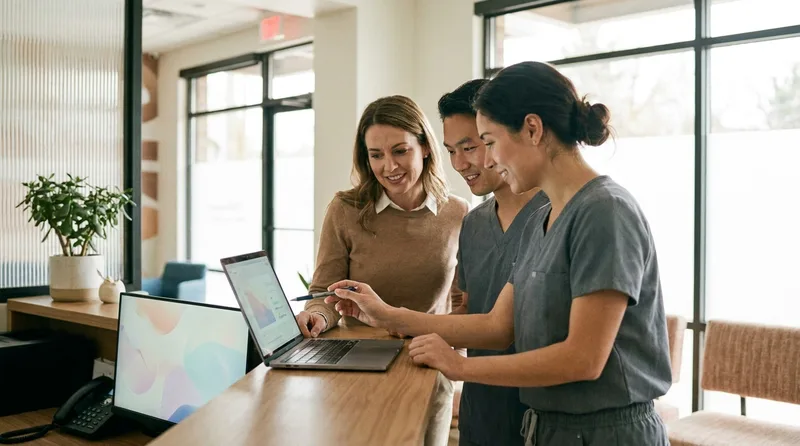 Dental front desk team gathered around a laptop reviewing call notes together