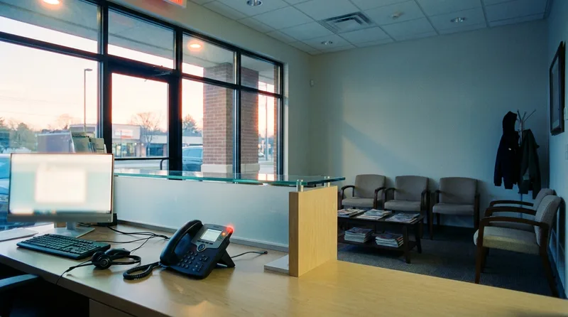 Empty dental reception desk at dusk with a lit phone, showing after-hours calls still arriving