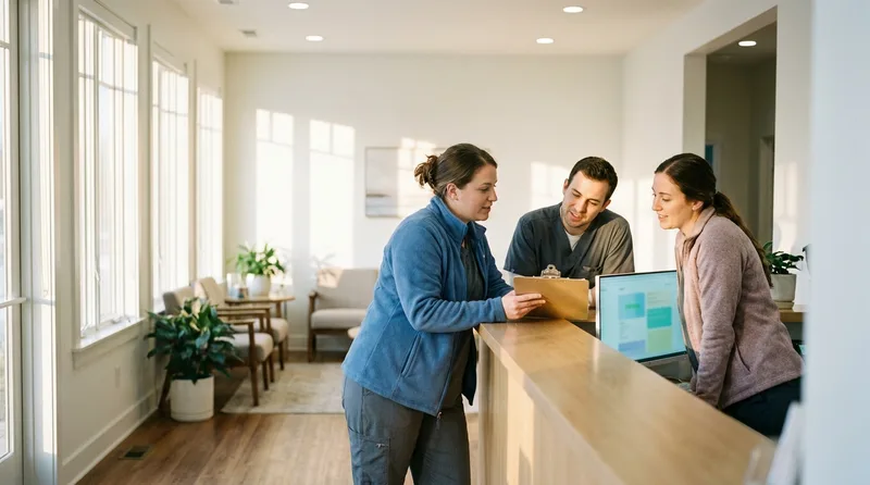 Dental front desk team gathered in a short morning huddle around the reception counter to plan phone coverage