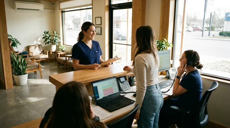 Two dental front desk team members splitting roles, one greeting a patient and one handling calls on a headset