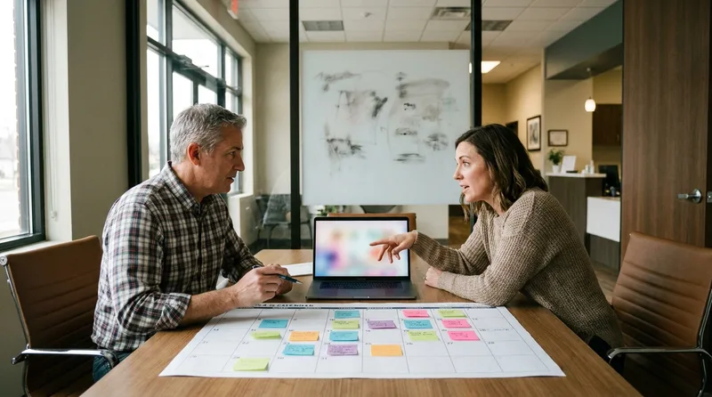 Practice owner and office manager planning a four-week attribution rollout at a conference table