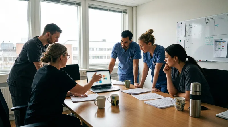 Dental team reviewing printed scheduling reports and a laptop during a quarterly appointment type mapping review