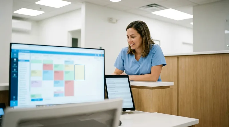 Dental front desk team member in scrubs reviewing a color-coded appointment schedule on a monitor