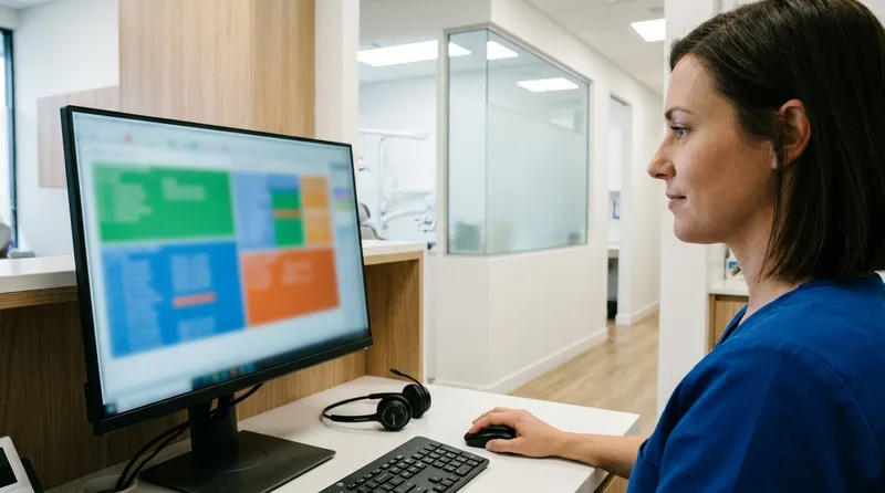 Dental office manager reviewing a call-handling dashboard at a tidy desk with a headset beside the keyboard