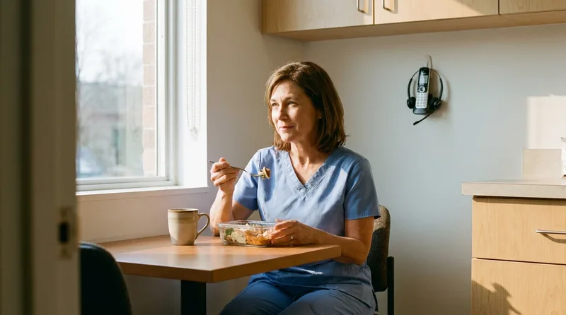 Dental receptionist eating lunch at a table in the quiet break room, away from the front desk phone