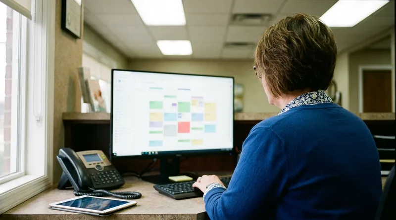Dental office coordinator reviewing automated appointment reminders on a scheduling dashboard screen