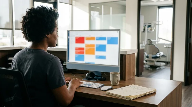 Dental office manager reviewing overnight calls sorted into urgent and routine groups on a front desk monitor