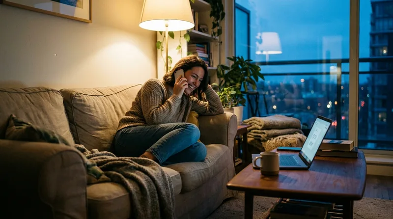 Woman calling a dental office from her sofa in the evening after office hours
