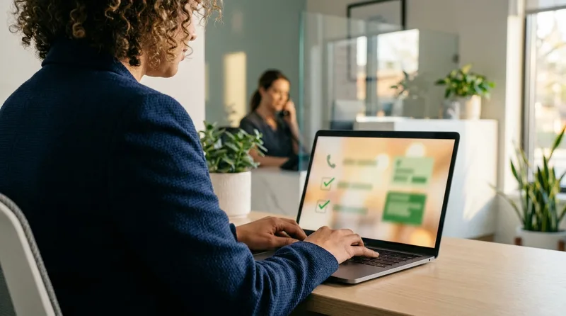Dental office manager checking that a patient opt-out is applied to phone, text and reminder channels on a laptop dashboard