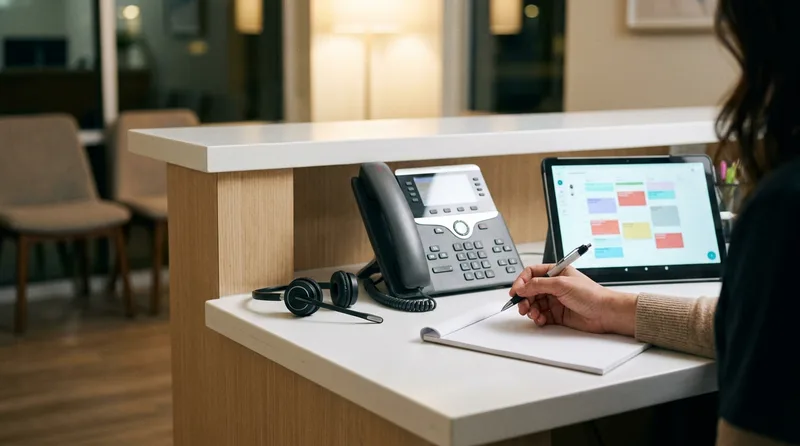 Dental front desk with headset, desk phone, and appointment calendar tablet ready for calls in several languages
