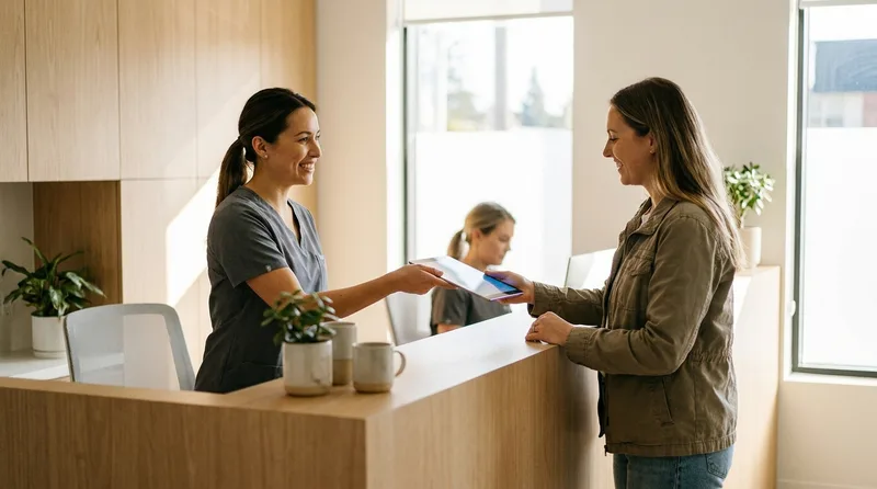 Dental team member welcoming a patient at check-in while phone intake is handled centrally