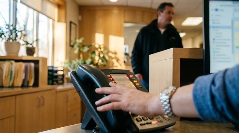 Dental reception desk phone with several lines lit while a receptionist reaches for the handset