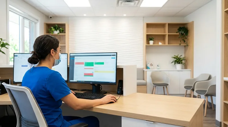 Dental front-desk coordinator reviewing flagged appointments on an automated scheduling dashboard