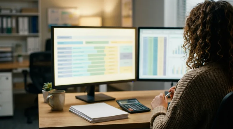 Dental billing coordinator reviewing submitted insurance claims and payment status on two monitors at an organized desk