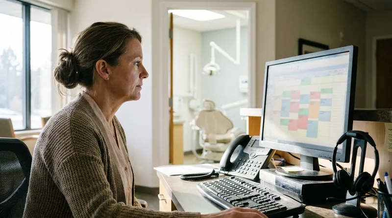 Dental office manager checking open appointment slots on a schedule while a desk phone and headset sit nearby