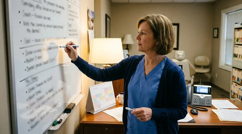 Dental office manager writing numbered scheduling exception rules on a whiteboard