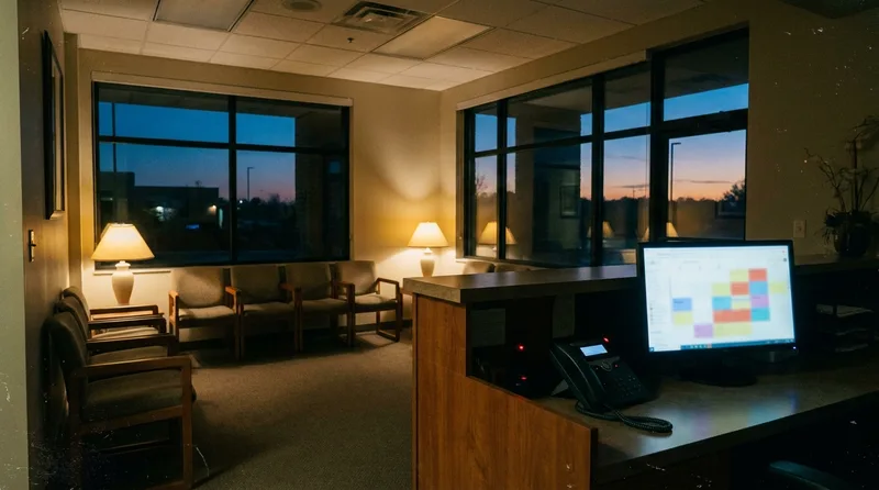 Dental reception desk after hours with an appointment calendar on screen and a desk phone lit by an incoming call