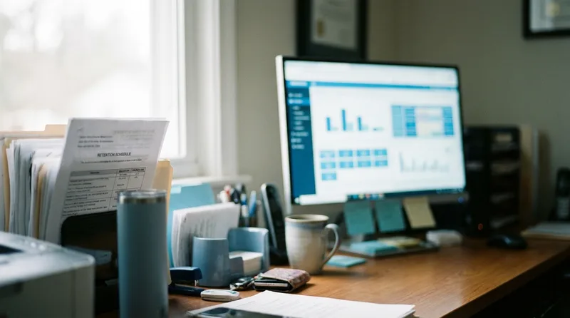 Dental office manager reviewing a call recording retention schedule on a desktop monitor