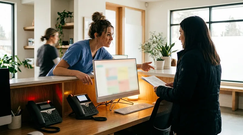 Dental front desk with a ringing phone going unanswered while a receptionist checks in a patient