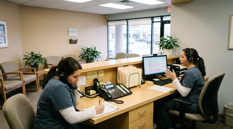Dental front desk staff handling multiple phone lines during a busy call volume period