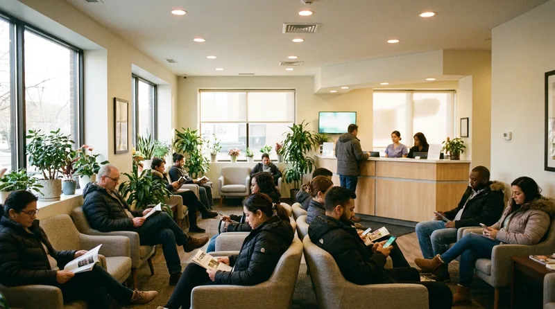 Busy dental practice waiting room full of patients representing steady appointment bookings