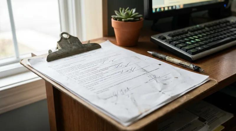 Close-up of a printed quarterly audit checklist with pen marks next to a desktop screen showing call handling settings