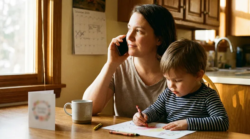 Parent on a phone call at a kitchen table with a child nearby, calling a dental office about an appointment