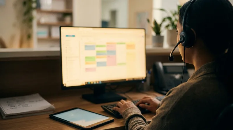 Dental office coordinator confirming a next-morning emergency appointment on a scheduling screen during a call
