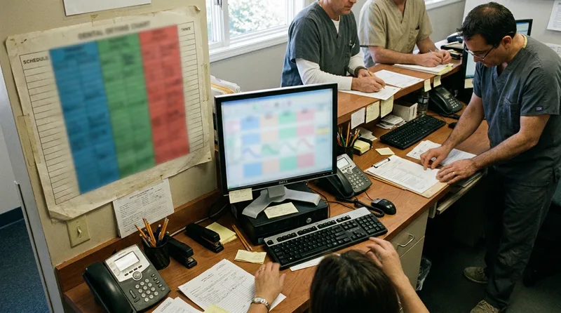 Printed column chart mapping new patient, hygiene, and emergency appointment types at a dental front desk