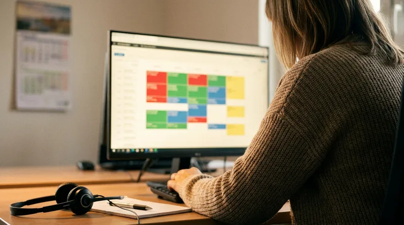 Administrator reviewing a color-coded holiday schedule grid for several dental offices, with a headset on the desk