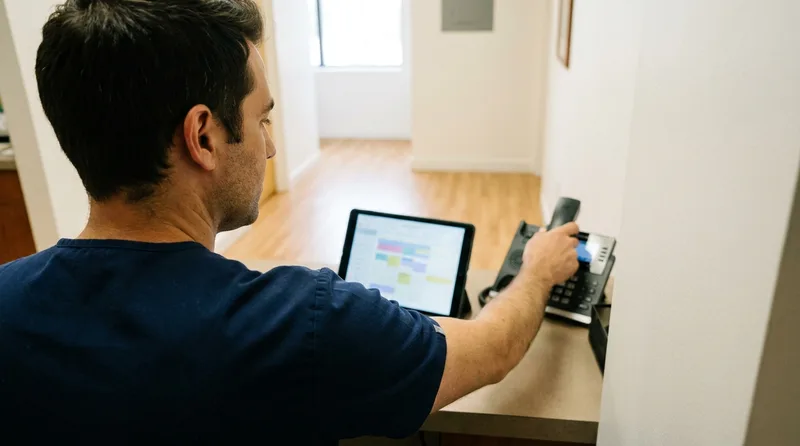 Dental clinician answering a transferred call while reviewing a short call summary on a tablet in a quiet hallway
