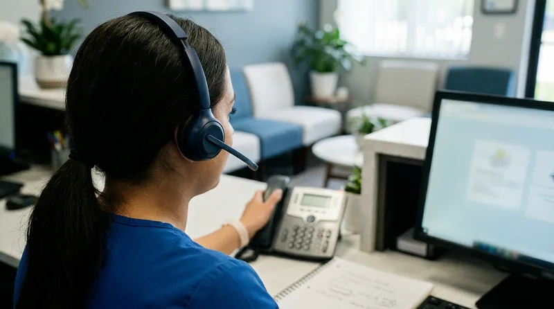 Dental receptionist wearing a headset while confidently answering an out of network insurance phone call
