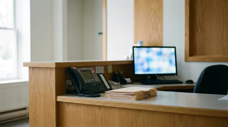 Dental office front desk phone with an unanswered voicemail light blinking