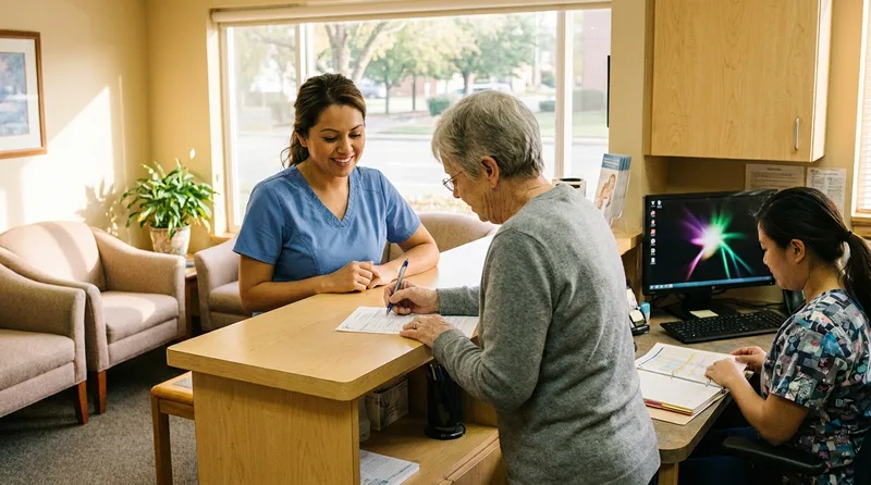 Dental front desk team member welcoming a patient at the reception counter while a colleague works nearby
