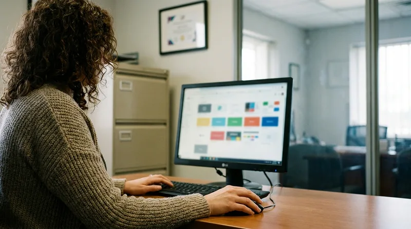 Dental office manager reviewing privacy settings on a computer at a tidy desk near a closed filing cabinet