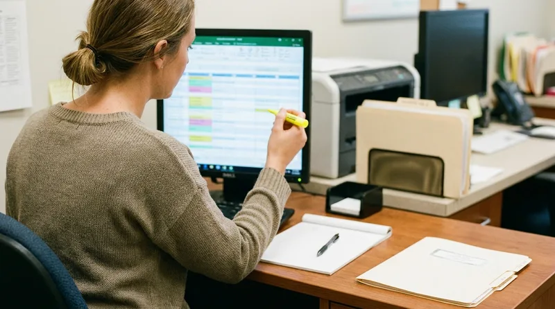 Office manager reviewing a task-frequency spreadsheet to apply the 80/20 rule to front desk work