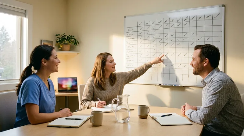 Dental team meeting around a whiteboard of weekly tasks to share the front desk workload and improve retention