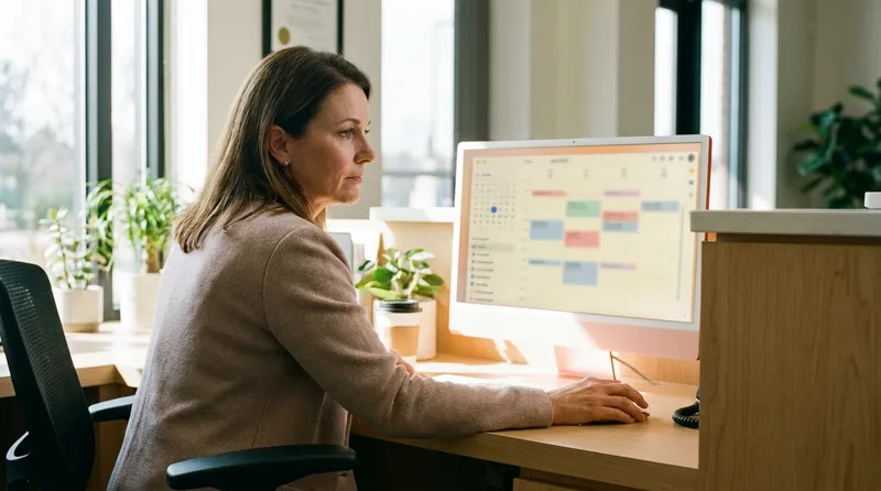 Dental office coordinator reviewing an automated appointment confirmation dashboard on a desktop monitor
