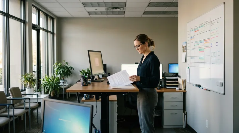 Dental office manager reviewing a written lab call routing policy at a standing desk