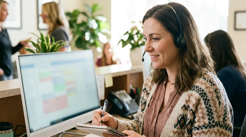 Dental front desk coordinator on a headset call noting details of a patient prescription refill request